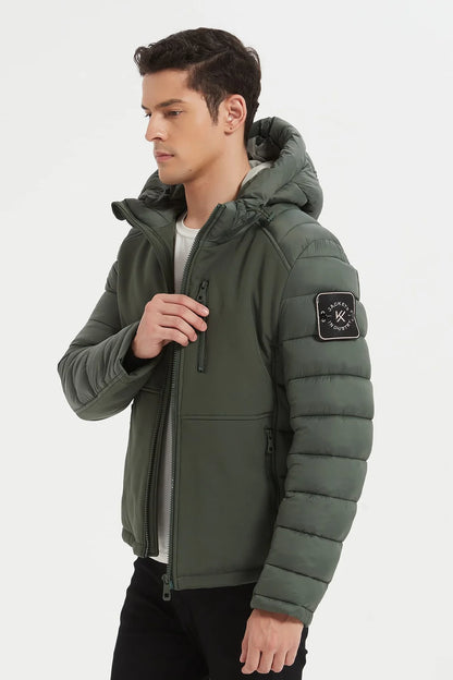 Heren Pufferjas met Capuchon en Badge Detail donker groen