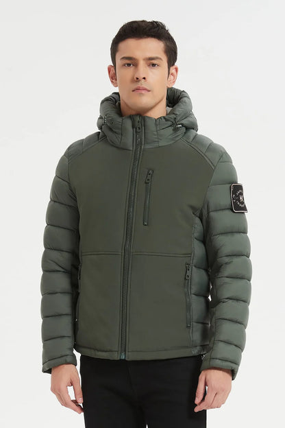 Heren Pufferjas met Capuchon en Badge Detail donker groen