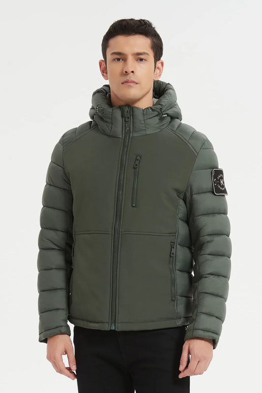 Heren Pufferjas met Capuchon en Badge Detail donker groen
