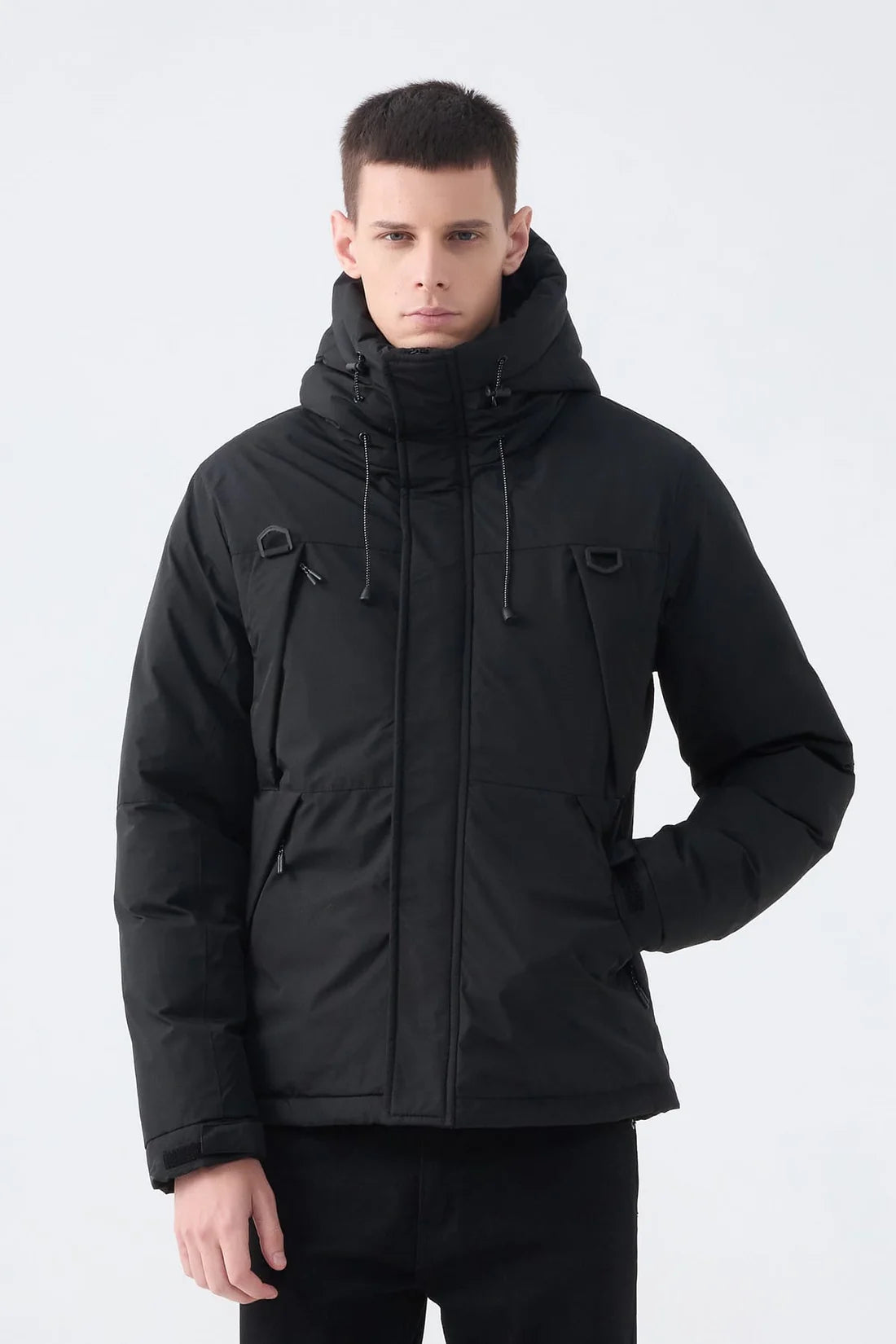 Heren Pufferjas met Capuchon en Colorblock Design zwart